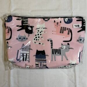 The Pouch Cosmetic Bag Womens OS Pink NWT Cartoon Cat Print Zipper Pouch 8x5